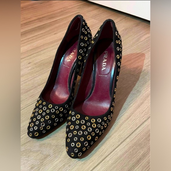 Prada Heels- Black Suede with Silver & Gold Os - Picture 1 of 4